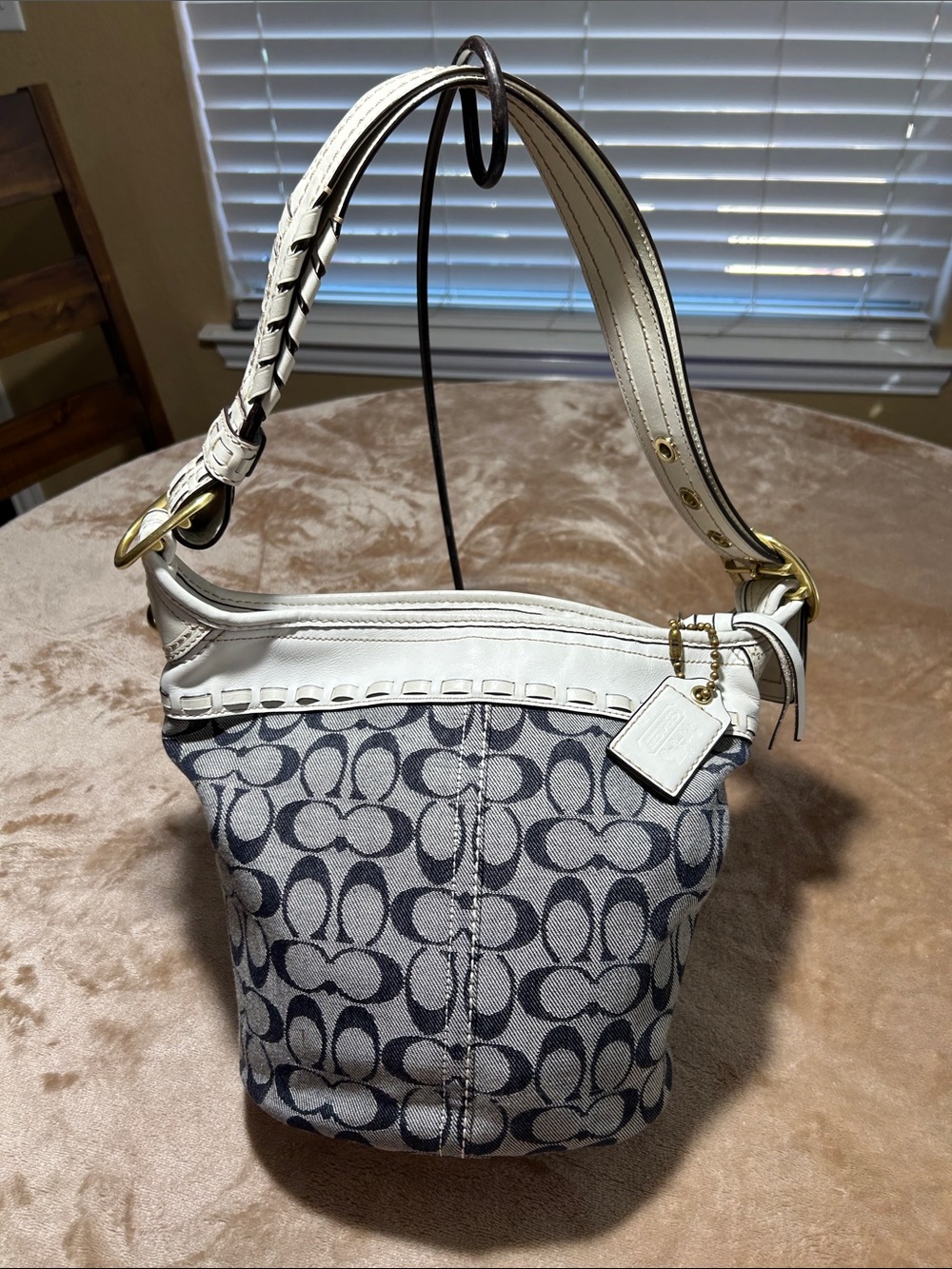 Coach Navy Signature Canvas Shoulder Bag with White Leather Trim